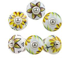 Möbelknopf Möbelknauf Möbelgriff 6er Set 088GN Punkte Kreise Muster Designer Rosette Braun Gelb Weiss - Jay Knopf Keramik Porzellan handbemalte Vintage Möbelknöpfe für Schrank, Schublade, Kommode