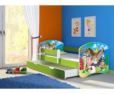 Clamaro Fantasia Grün Motiv Kinderbett Komplett Set 160 x 80 cm inkl. Matratze, Lattenrost und Bettkasten Unterbett Schublade auf Rollen, Kantenschutzleisten umlaufend, extra Rausfallschutz Seitenteil (verstellbar), Seitenteile: