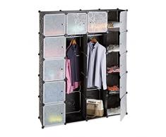 Relaxdays Kleiderschrank Stecksystem mit 2 Kleiderstangen, Garderobe mit 14 Fächer, Kunststoff Regalsystem, schwarz