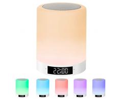 Nachttischlampe mit Bluetooth Lautsprecher, Macrimo LED Nachtlampe Nachttischleuchte Stimmungslicht mit Touch Sensor/Wecker/Uhr/FM/TF Karte Slot,7 Farbwechsel dimmbar für Schlafzimmer Kinder