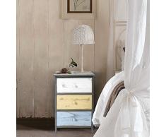 Rebecca Mobili Nachtkommode im Vintage-Stil, Nachtschrank mit 3 Schubladen, Paulownienholz, Grau Beige Blau, Schlafzimmer Wohnzimmer – Maße: 56 x 40 x 29 cm (HxLxB) - Art. RE4883
