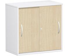 Schiebetürenschrank Büro, Büroschrank aus Holz,Oberboden 25 mm, mit Standfüßen, abschließbar, 800x425x798, Ahorn/Weiß, Geramöbel