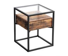 VASAGLE Nachttisch, Beistelltisch, Nachtkommode, Glastisch mit Schublade, Sofatisch, Lounge, Foyer, stabil, Industrie Design, vintagebraun-schwarz LET04BX