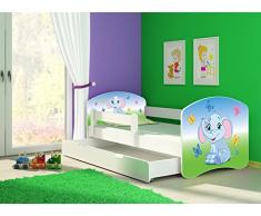 Clamaro Fantasia Weiß Motiv Kinderbett Komplett Set 160 x 80 cm inkl. Matratze, Lattenrost und Bettkasten Unterbett Schublade auf Rollen, Kantenschutzleisten umlaufend, extra Rausfallschutz Seitenteil (verstellbar), Seitenteile: