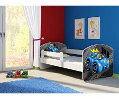 Clamaro Fantasia Weiß Motiv Kinderbett Komplett Set 140 x 70 cm inkl. Matratze und Lattenrost, Kantenschutzleisten umlaufend, extra Rausfallschutz Seitenteil (verstellbar), Seitenteile: Weiß, Design: 04 Rennwagen Blau