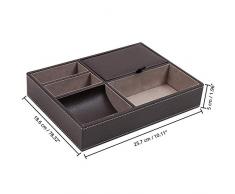 Valet Tablett - Kunstleder Ablage Valet Tray mit 5 Fächern - Aufbewahrung für Handy, Geldbeutel, Münzen, Schmuck, Schlüssel, Manschetten - Organizer, Schreibtisch & Nachttisch - Braun (25,5 x 18,5cm)