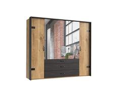 lifestyle4living Kleiderschrank in Plankeneiche-Dekor mit Absetzungen in Stahl-Optik, Drehtüren-Schrank mit viel Stauraum im angesagten Industrial-Look, 250 cm