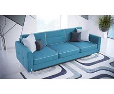 MG Home Sofa Doppelschlafsofa Dreisitzer-Sofa schmutzabweisendes Gewebe auf Beinen mit Schlaffunktion mit einem Behälter für Bettwäsche Arte DL (Türkis)
