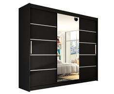Modernes Schwebetürenschrank Aston VI mit Spiegel, 250 x 215 x 58 cm, Kleiderschrank, Garderobe, Schlafzimmer, Schiebetürenschrank, Schlafzimmerschrank (Schwarz)
