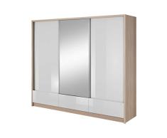 mb-moebel Moderne Schlafzimmer Möbel Eckschrank Kleiderschrank mit Schiebetüren Schubfächern und Spiegel Riana Glanz (Sonoma/Weiss Glanz, 250 cm)