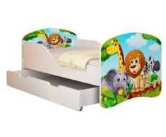 Clamaro Traumland Motiv Kinderbett 80 x 160 cm inkl. Matratze, Lattenrost und Bettkasten Schublade auf Rollen, Kantenschutzleisten und Rausfallschutz, Motiv: 02 - Animals Motiv