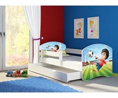 Clamaro Fantasia Weiß Motiv Kinderbett Komplett Set 140 x 70 cm inkl. Matratze, Lattenrost und Bettkasten Unterbett Schublade auf Rollen, Kantenschutzleisten umlaufend, extra Rausfallschutz Seitenteil (verstellbar), Seitenteile: