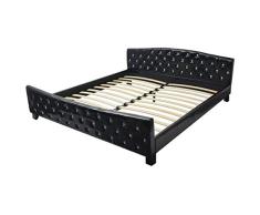 Tidyard Bettgestell Doppelbett Hochglanz-Bettrahmen mit Holz Lattenrost Kunstlederpolster Gästebett mit Zierknöpfen, Passende Matratzengröße 180 x 200 cm Schwarz