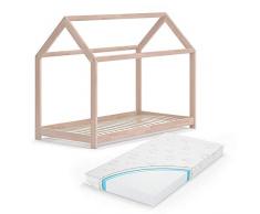 VitaliSpa Hausbett Wiki Weiß Kinderbett Kinderhaus Kinder Bett Holz Matratze (Natur Lackiert, 80 x 160 cm + Matratze)