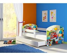 Clamaro Fantasia Weiß Motiv Kinderbett Komplett Set 140 x 70 cm inkl. Matratze, Lattenrost und Bettkasten Unterbett Schublade auf Rollen, Kantenschutzleisten umlaufend, extra Rausfallschutz Seitenteil (verstellbar), Seitenteile: