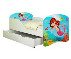 Clamaro Traumland Motiv Kinderbett 70 x 140 cm inkl. Matratze, Lattenrost und Bettkasten Schublade auf Rollen, Kantenschutzleisten und Rausfallschutz, Motiv: 09 - Meerjungfrau Motiv