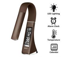 WILIT U2 LED Schreibtischlampe mit Wecker, Dimmbarer Bildschirm, Kalender, Uhrzeit und Temperaturanzeige, 5W Nachttischlampe mit 3 Helligkeitsstufen Dimmbar, Braun