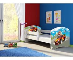 Clamaro Fantasia Weiß Motiv Kinderbett Komplett Set 140 x 70 cm inkl. Matratze und Lattenrost, Kantenschutzleisten umlaufend, extra Rausfallschutz Seitenteil (verstellbar), Seitenteile: Weiß, Design: 03 Verfolgungsjagd
