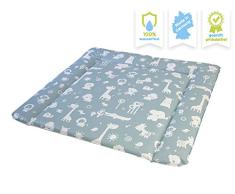 New Swedish Design Wickelauflage 77 x 73 cm, Wickelunterlage für 80 cm Breiten Wickelaufsatz für IKEA Kommoden, z.B. von NSD oder Puckdaddy, schadstofffrei, abwaschbar ZOOTIERE GRAU BLAU