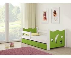 Clamaro Sternenhimmel Kinderbett Komplett Set 160 x 80 cm inkl. Matratze, Lattenrost und Bettkasten Unterbett Schublade auf Rollen, extra Rausfallschutz Seitenteil (verstellbar), Design: Grün/Weiß
