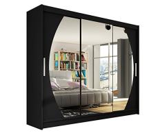 Modernes Kleiderschrank Aston V mit Spiegel, Garderobe, Schlafzimmer, 250 x 215 x58 cm, Schwebetürenschrank, Schiebetürenschrank, Schlafzimmerschrank (Schwarz)