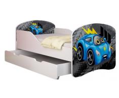 Clamaro Traumland Motiv Kinderbett Komplett Set 80 x 160 cm inkl. Matratze, Lattenrost und Bettkasten Unterbett Schublade auf Rollen, Sicherheit durch ABS Kantenschutz und Seitenteilen mit Rausfallschutz - 160 x 80 cm, Design: 04 - Racing Car Blau Motiv