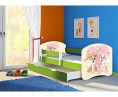 Clamaro Fantasia Grün Motiv Kinderbett Komplett Set 160 x 80 cm inkl. Matratze, Lattenrost und Bettkasten Unterbett Schublade auf Rollen, Kantenschutzleisten umlaufend, extra Rausfallschutz Seitenteil (verstellbar), Seitenteile: