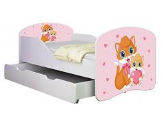 Clamaro Traumland Motiv Kinderbett Komplett Set 80 x 160 cm inkl. Matratze, Lattenrost und Bettkasten Unterbett Schublade auf Rollen, Sicherheit durch ABS Kantenschutz und Seitenteilen mit Rausfallschutz - 160 x 80 cm, Design: 33 - Katze Motiv