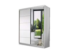Idzczak Meble Schwebetürenschrank Vista 05 mit Spiegel Kleiderschrank Schlafzimmer- Wohnzimmerschrank Schiebetürenschrank Modern Design (Weiß/Weiß + Spiegel)