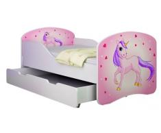 Clamaro Traumland Motiv Kinderbett 80 x 160 cm inkl. Matratze, Lattenrost und Bettkasten Schublade auf Rollen, Kantenschutzleisten und Rausfallschutz, Motiv: 17 - Pony Pink Motiv