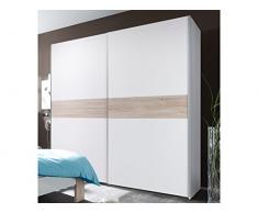 möbelando Schwebetürenschrank Kleiderschrank Schiebetürenschrank Schrank Noni I Weiß/Absetzung Sonoma-Eiche