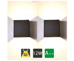 12W LED Wandleuchte Innen, 2 Stücke Wandbeleuchtung Up und Downlight Modern Design, 3000K Warmweiß High Bright Aluminium Wandlampe für Wohnzimmer, Schlafzimmer, Flur, Balkon, Treppen (Schwarz)