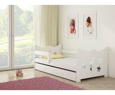 Clamaro Sternenhimmel Kinderbett Komplett Set 160 x 80 cm inkl. Matratze, Lattenrost und Bettkasten Unterbett Schublade auf Rollen, extra Rausfallschutz Seitenteil (verstellbar), Design: Weiß/Weiß