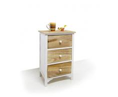 Mobili Rebecca® Nachttisch Nachtkonsole Nachtkommode Nachtschränkchen Bettschrank 3 Schubladen Landhausstil Rustikal Vintage und Shabby Weiß und Naturholz Farben. Griffe weißen Knöpfen (Kode RE4460)