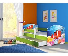Clamaro Fantasia Grün Motiv Kinderbett Komplett Set 140 x 70 cm inkl. Matratze, Lattenrost und Bettkasten Unterbett Schublade auf Rollen, Kantenschutzleisten umlaufend, extra Rausfallschutz Seitenteil (verstellbar), Seitenteile: