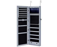 SONGMICS Schmuckschrank hängend, abschließbarer Spiegelschrank, Wandschrank mit Spiegel und zahlreichen Fächern, Wandmontage, an der Tür hängend, für Ketten, Ohrringe, Vintage, Grau JJC93GY