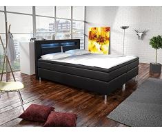 Boxspringbett New Jersey 180 x 200 cm (schwarz) – Doppelbett in Lederoptik inkl. Kopfteil, Bonell-Federkernmatratzen, Topper & LED-Beleuchtung | ArtLife