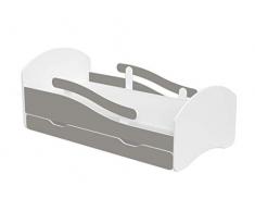 Clamaro LEO Kinderbett Jugendbett 160x80 mit verstellbarem Rausfallschutz (beidseitig) und Kantenschutzleisten, Bett Set inkl. Lattenrost, Matratze und Bettkasten Schublade auf Rollen - Weiß/Grau