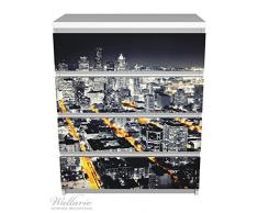 Wallario Möbelfolie / Aufkleber für IKEA MALM Kommode - Großstadt bei Nacht - Seattle in schwarz weiß gelb mit 4 Schubfächern