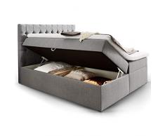 Moebella Boxspringbett mit Bettkasten H3 Webstoff Grau XXL Stauraum Chester Topper Taschenfederkernmatratze Knopfheftung (160 x 200 cm)
