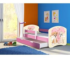 Clamaro Fantasia Pink Motiv Kinderbett Komplett Set 140 x 70 cm inkl. Matratze, Lattenrost und Bettkasten Unterbett Schublade auf Rollen, Kantenschutzleisten umlaufend, extra Rausfallschutz Seitenteil (verstellbar), Seitenteile: