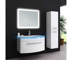 Oimex Jasmin 70 cm Badmöbel Set mit LED Spiegel + 1x Seitenschrank Hochglanz Weiß Badezimmer Set mit viel Stauraum LED Waschtisch Glaswaschbecken