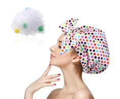 Duschhaube Bowknot Haar Tuch Wrap für Damen, wasserdichte und wiederverwendbare Duschhauben mit Badeschwämmen (Colorful Polka Dot)