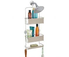 mDesign Hängeregal für die Dusche - Duschregal ohne Bohren - einfach einhängen - Duschkorb mit Ablagen und Haken für Shampoo, Conditioner, Seife etc. - satiniert/graues Holz