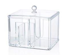 Acryl Make up Halter,Wattepad-Spender und Wattestäbchen-Behälter, Wattepad Organizer Baumwolle Runde Container Display Stand Kosmetik Make-up Aufbewahrungsbox mit Deckel,4 Abschnitte - Transparent