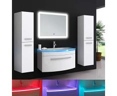 Oimex Jasmin 70 cm Badmöbel Set mit LED Spiegel + 2X Seitenschrank Hochglanz Weiß Badezimmer Set mit viel Stauraum LED Waschtisch Glaswaschbecken
