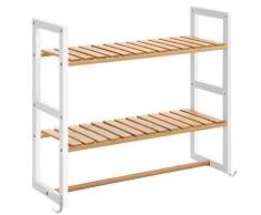 SONGMICS Badregal aus Bambus, mit Handtuchhalter, verstellbares Wandregal mit 2 Haken, multifunktional, Aufbewahrungsregal, Organizer für Badezimmer, Wohnzimmer, Küche, weiß und naturfarben BCB12WN