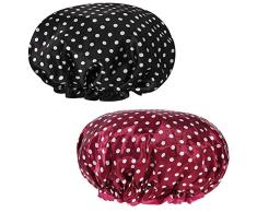 ZARRS Duschhaube,2er Pack Damen Bad Kappe Doppelschicht Bad-Hut Wiederverwendbar wasserdichte Elastische Badehüte Groß Duschhauben für Frau Dusche Spa Salon Schwarzer Rot Tupfen