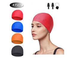 Badekappe für Kinder Jugendliche Erwachsene, 4 Stück Komfort Stoff Schwimmhaube Badehaube Bademütze für Mädchen Jungen Damen Herren, Super Elastisch Kein Ziepen Haare Lycra Schwimmkappen
