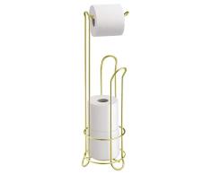 iDesign Klopapierhalter mit Ersatzrollenhalter, schmaler Toilettenpapierhalter stehend aus Metall, freistehender Toilettenpapierständer für insgesamt 4 Rollen, goldfarben
